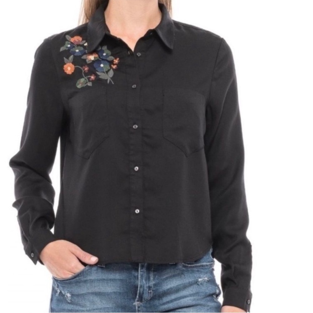 For the republic embroidered floral button up